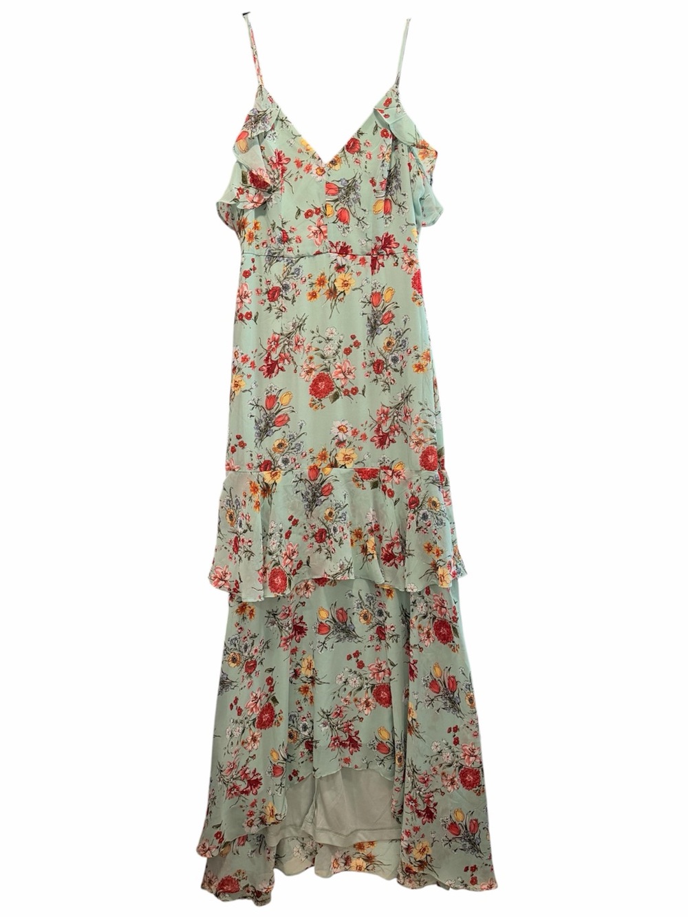 Lulu's Mint Floral High-Low Ruffle Maxi Dress